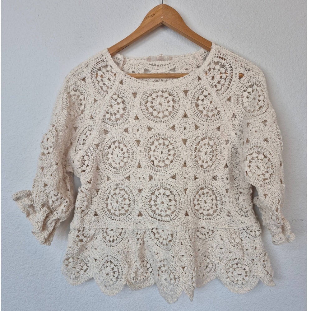 Solitaire Crochet Lace Peplum Top Cream Boho Medallion 3/4 Sleeve Size Medium
